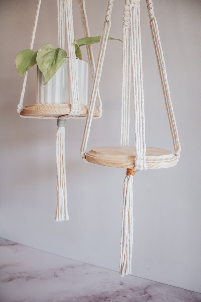 macrame wood plant hanger Macrame Hanger with Round Shelf Boho Home Decor Recycled Material – Modern Bo Studio